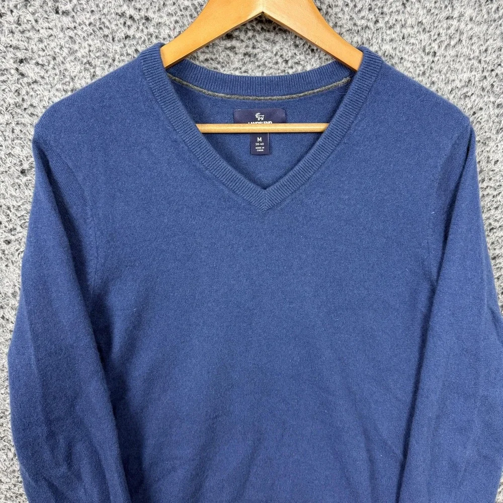 Lands End Cashmere Sweater Adult Medium Blue V Neck Knit Pullover M Mens M